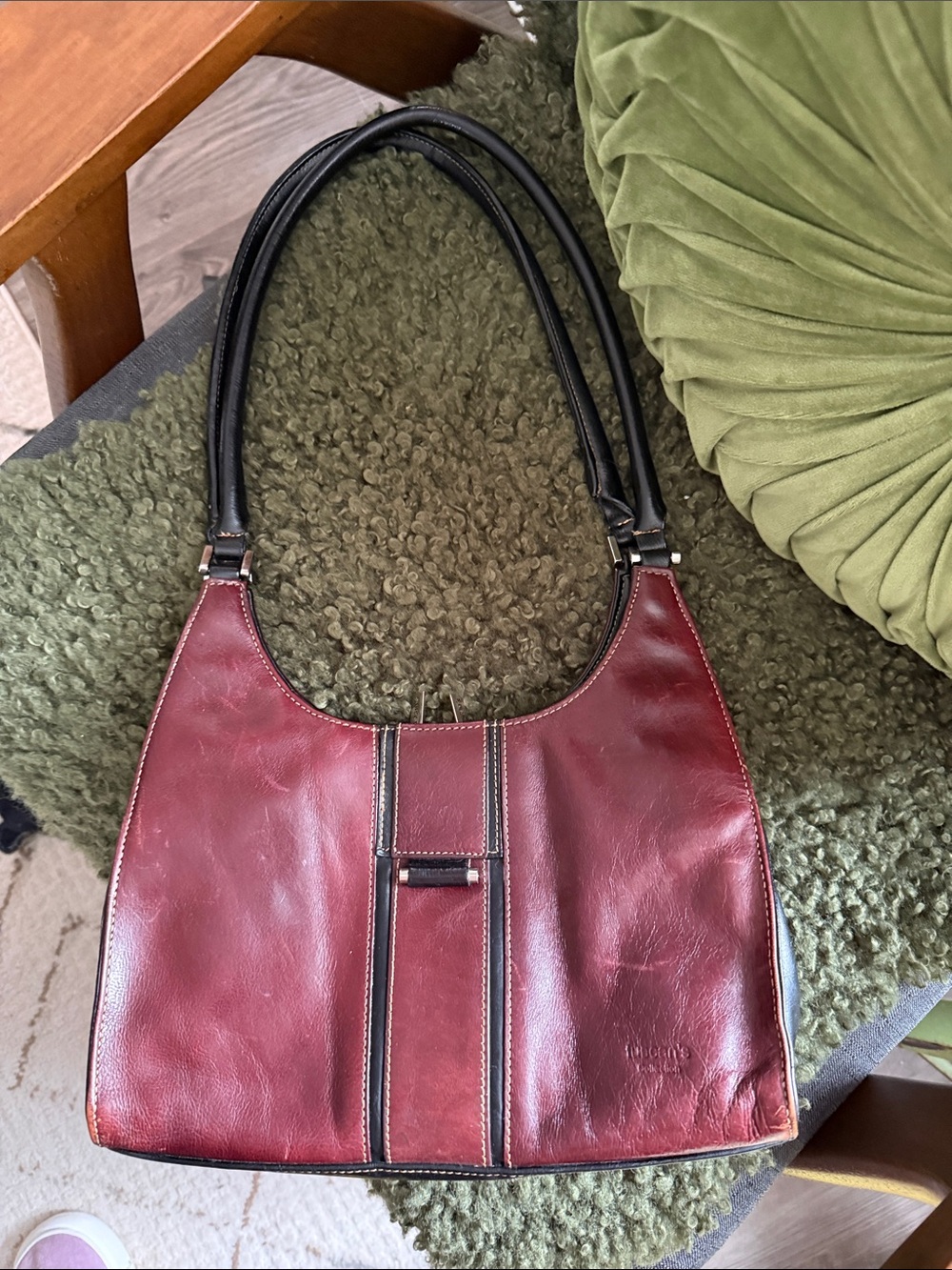 Burgundy Leather Shoulder Bag with Black Trim Colour deeper then picture